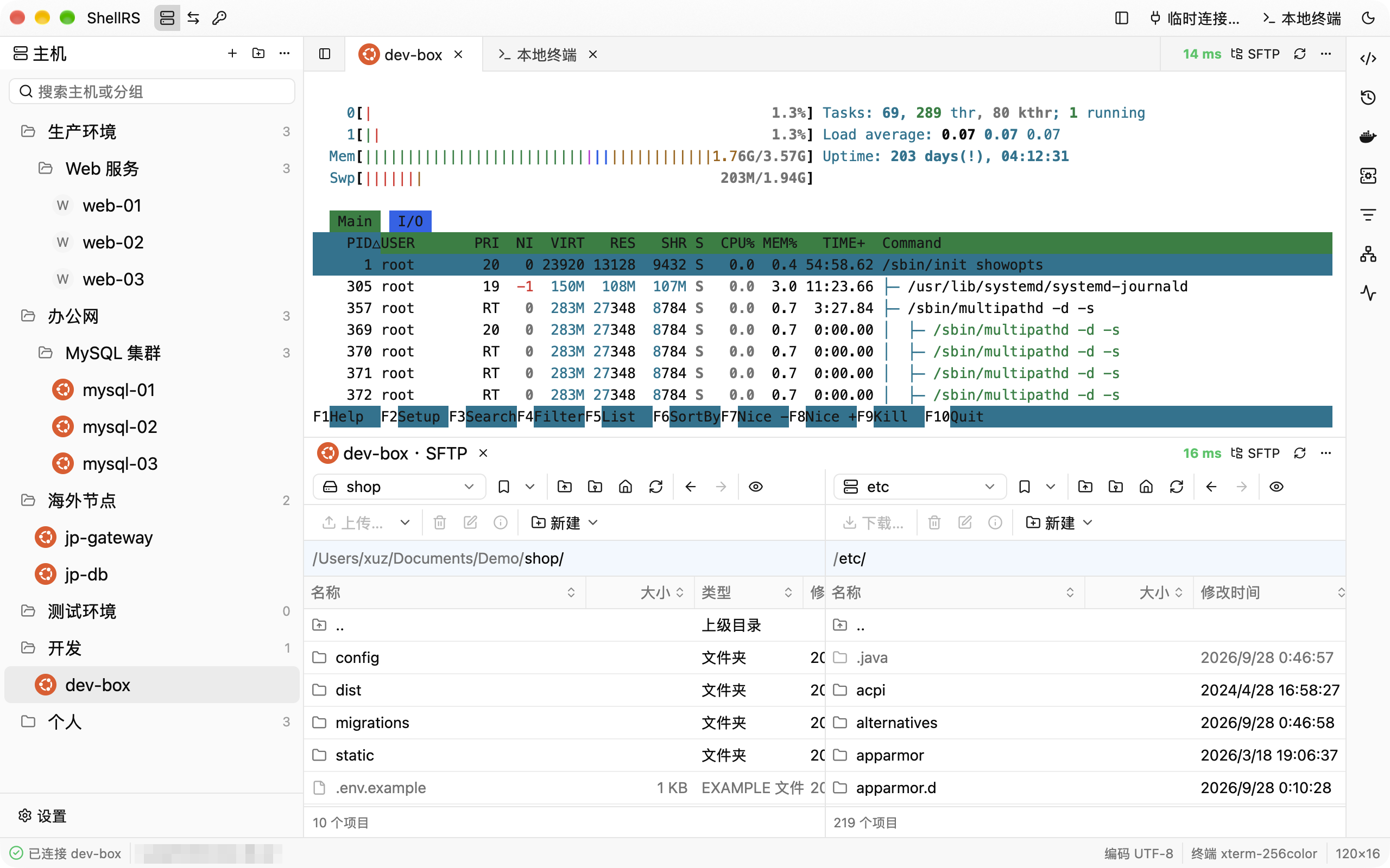 Dock 分栏：上面是远程终端，下面是同一台主机的 SFTP