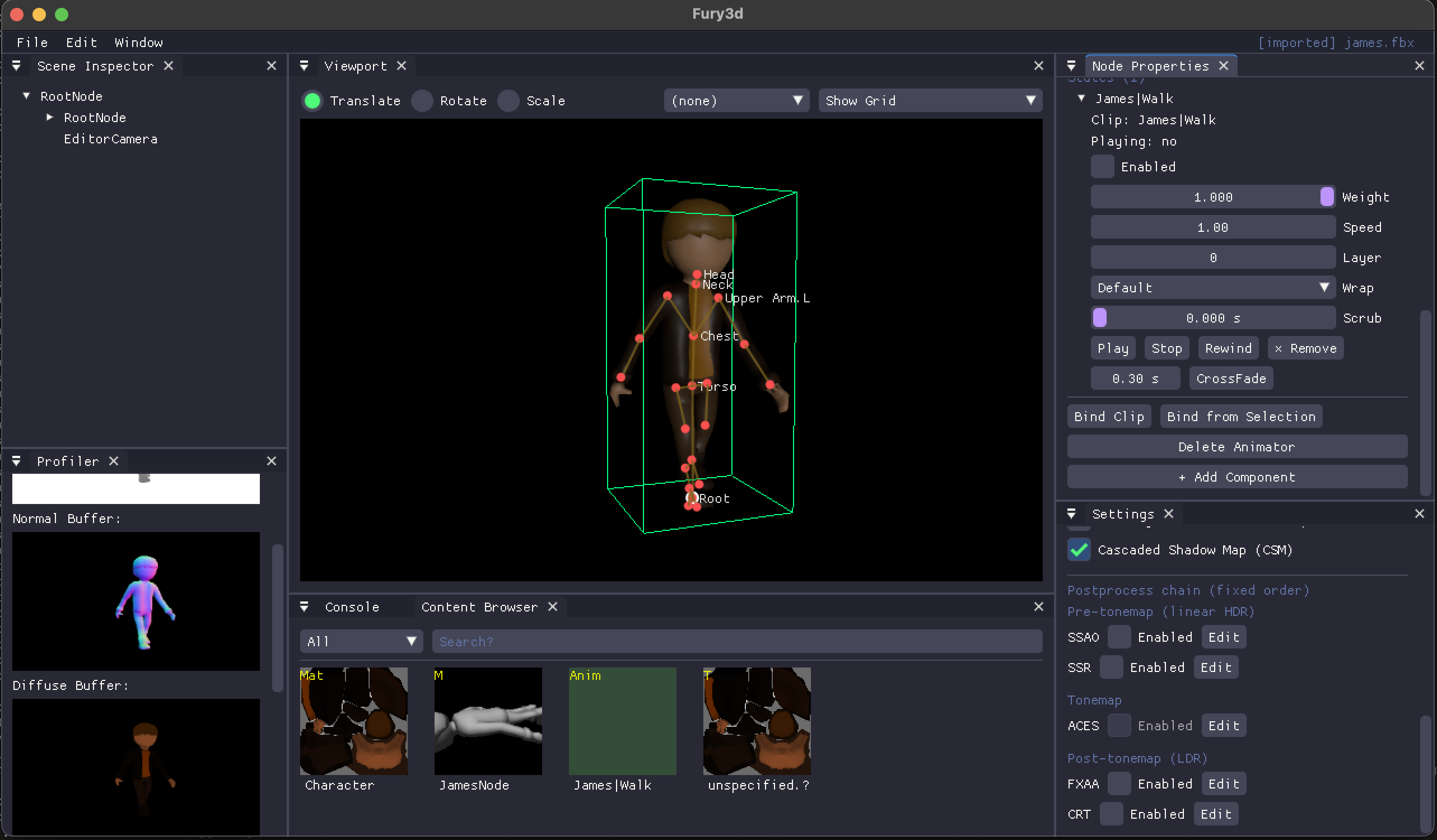 James skinned character with skeleton overlay (joints labelled) and Animator state inspector on the right (States, Play / Stop / Rewind / CrossFade).