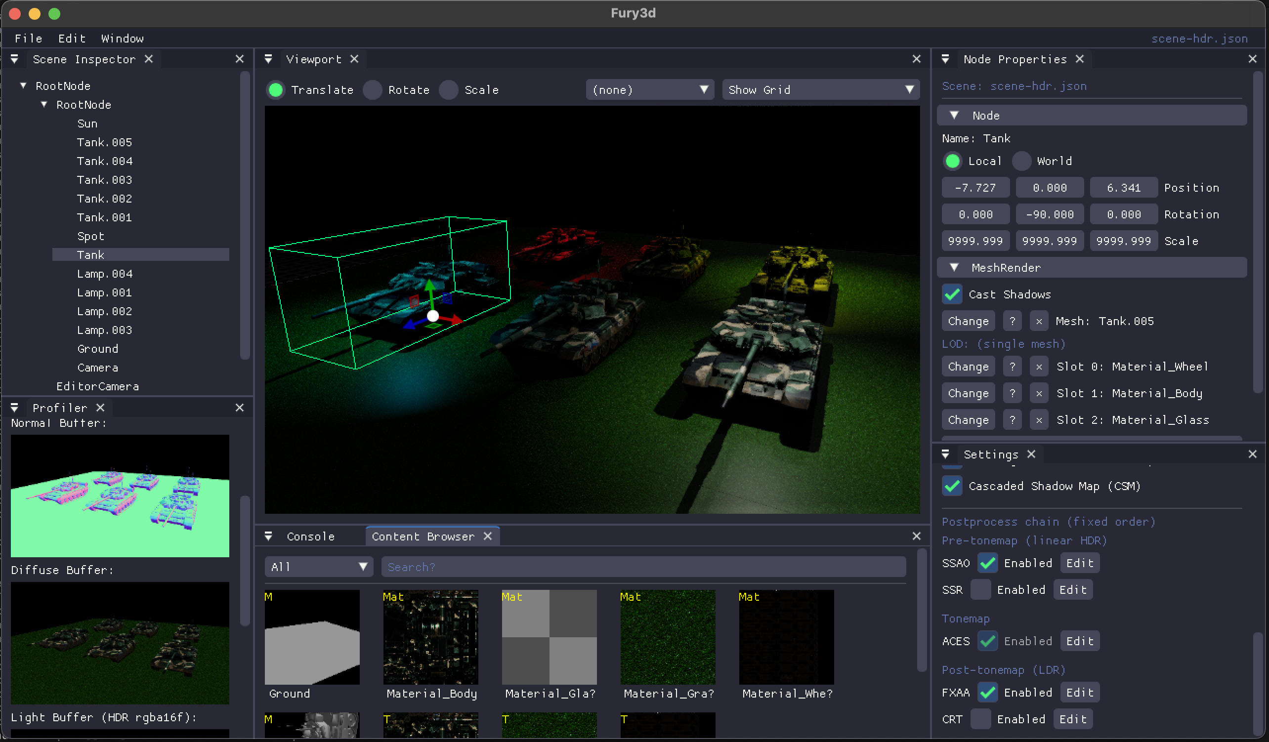HDR PBR tank fleet with postprocess chain (SSAO, SSR, ACES, FXAA, CRT) — Settings panel on the right showing per-effect toggles and Edit dialog; Profiler GBuffer tabs below.