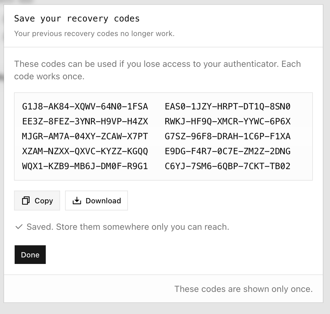 Recovery codes, saved and Done enabled