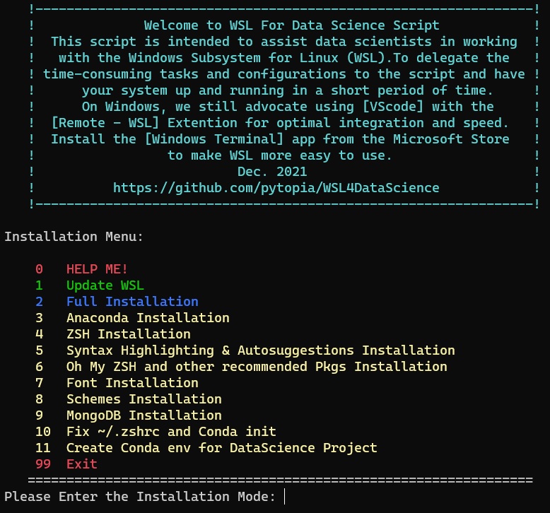 WSL For Data Science MENU