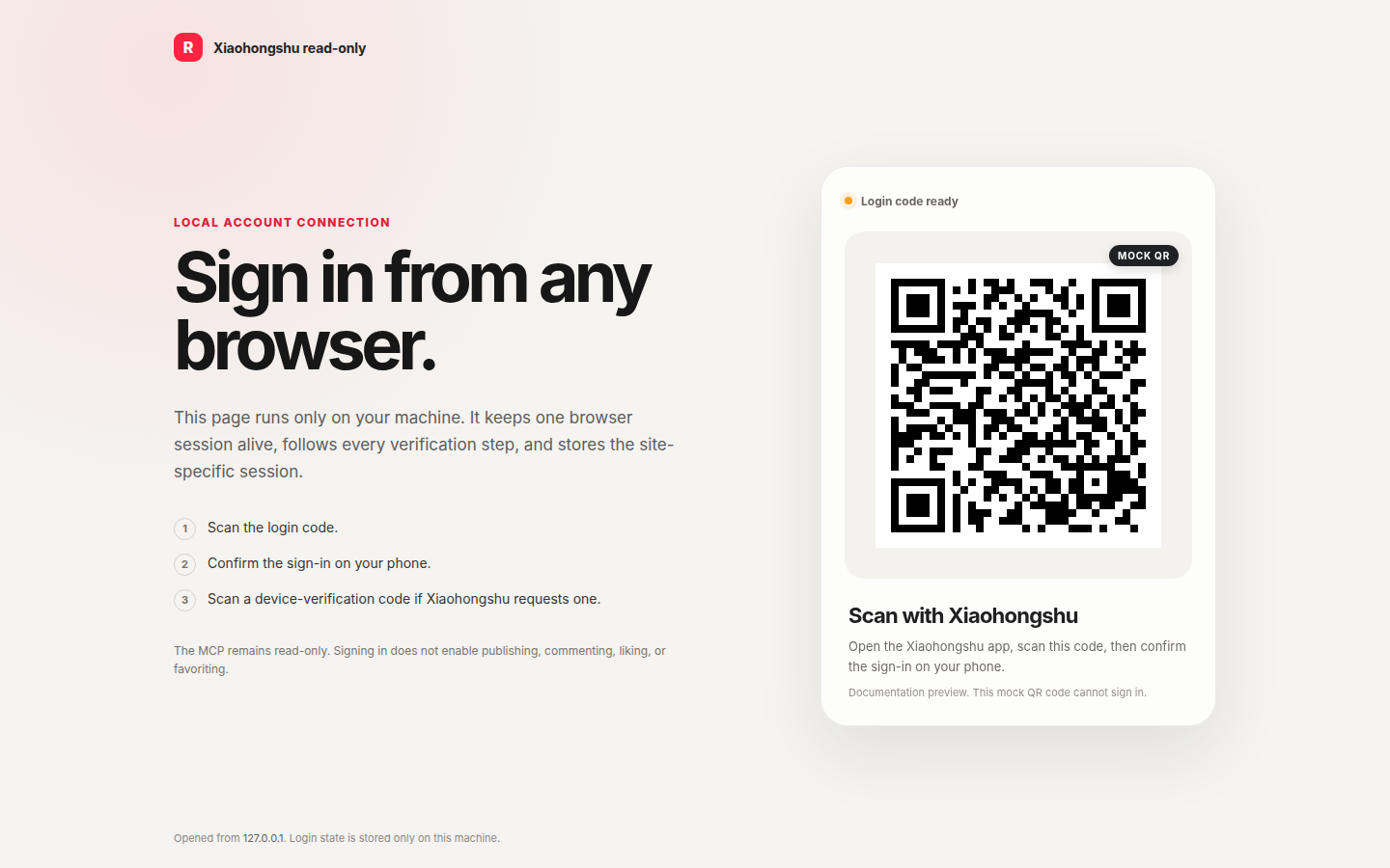 小红书和 RedNote MCP 本地扫码登录页,使用无效的 mock 二维码