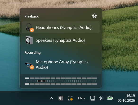 AudioSwitch showing playback and recording devices and volume controls