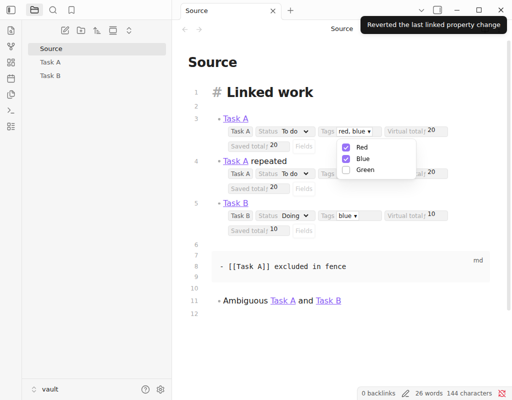 Linked-note properties displayed and edited beside Markdown list rows