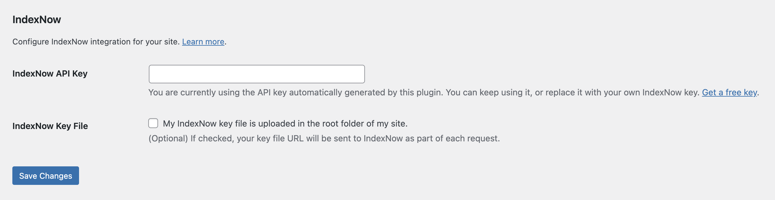 IndexNow settings in WordPress Settings → General