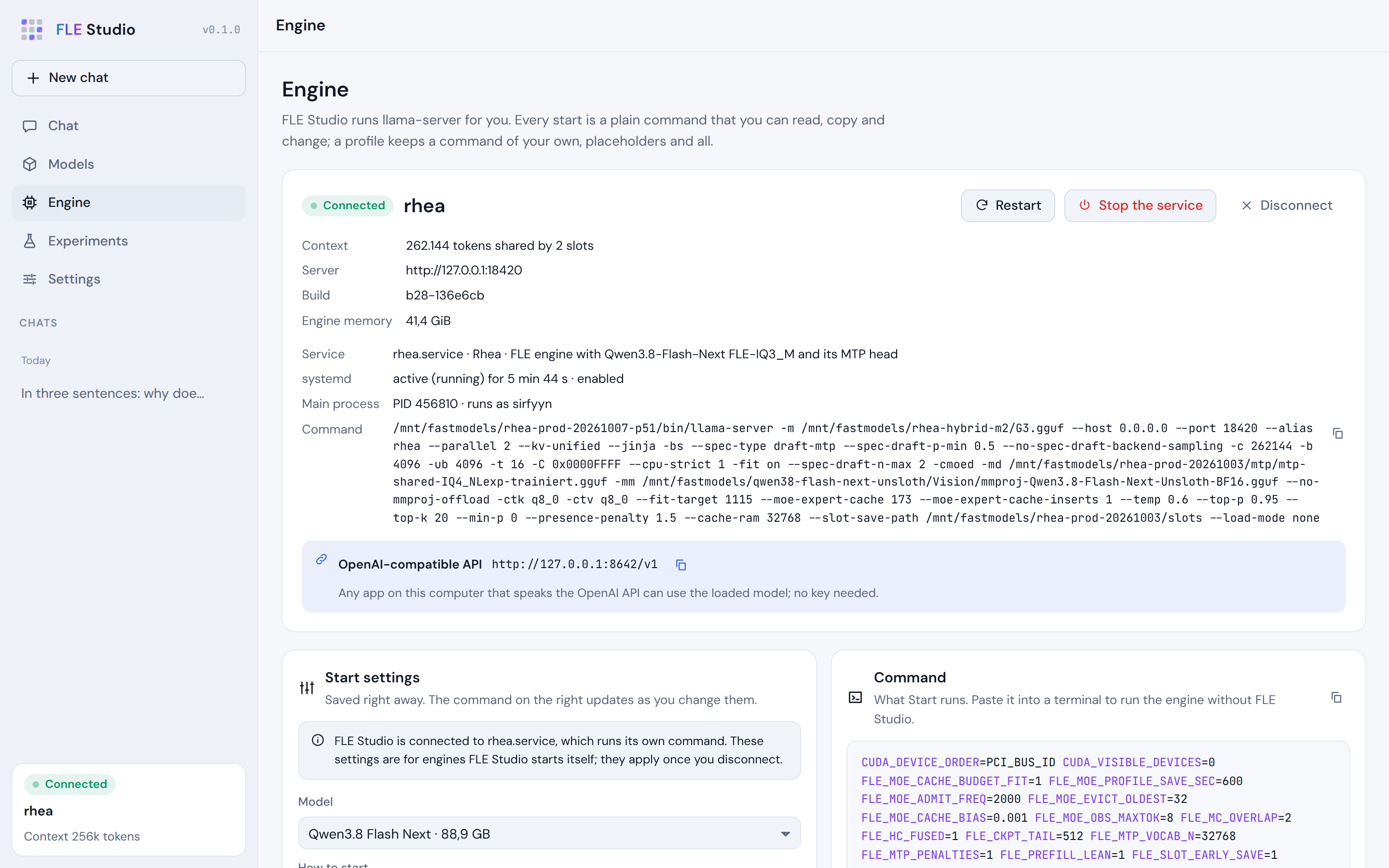 The engine view of FLE Studio attached to a systemd service running FLE