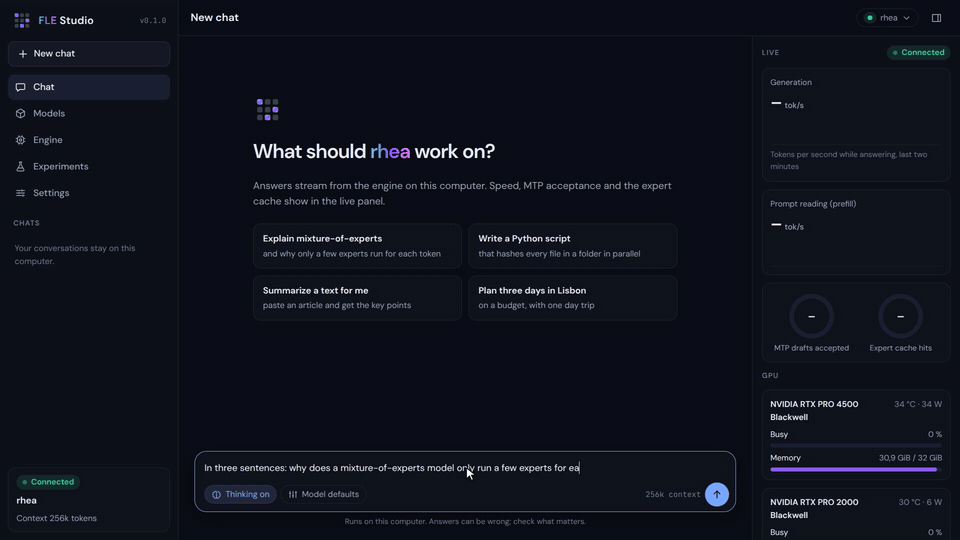 FLE Studio running Rhea (FLE-IQ3_M with its MTP head): a question, the answer streaming, the live data. Click for the full video.