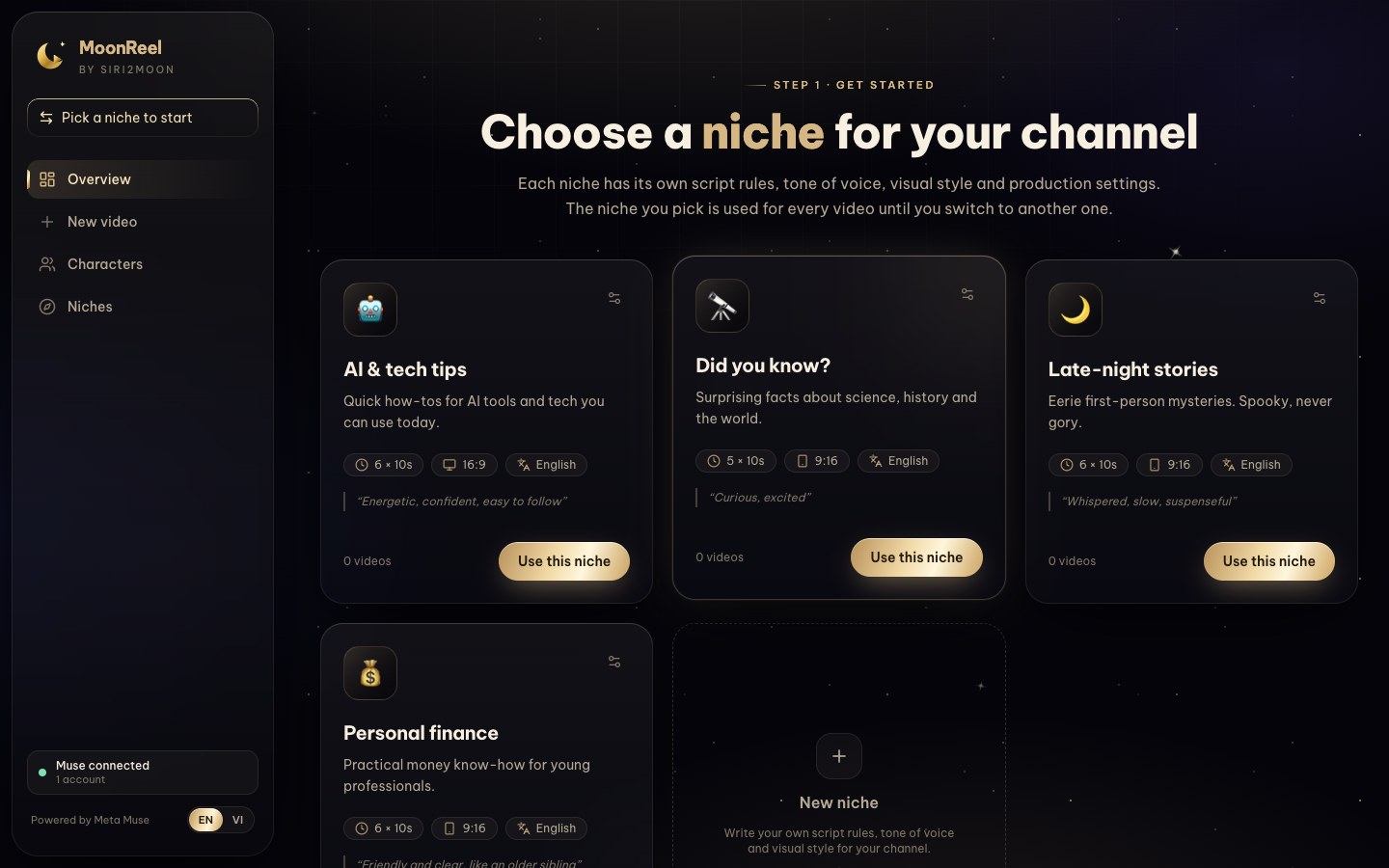 The niche picker with four sample niches