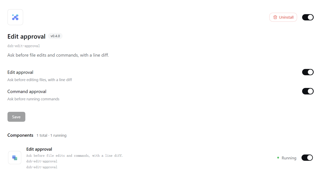 The plugin's page under Plugins in the sidebar: Edit approval and Command approval switches plus Save