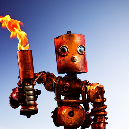 rusty robot holding a torch