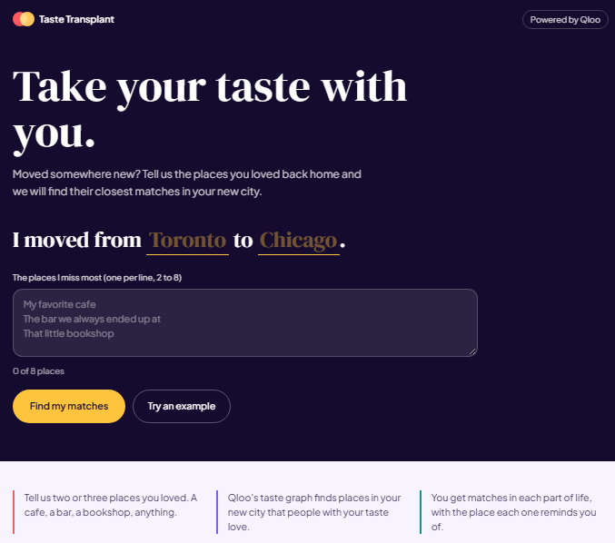 Taste Transplant home page with the form filled in