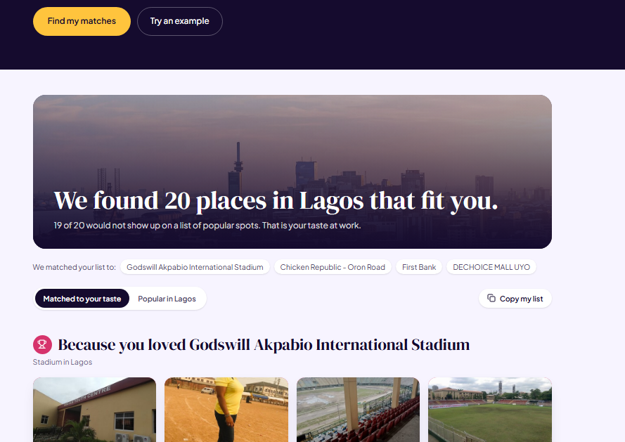 Results page with a photo of the new city and the number of matches found
