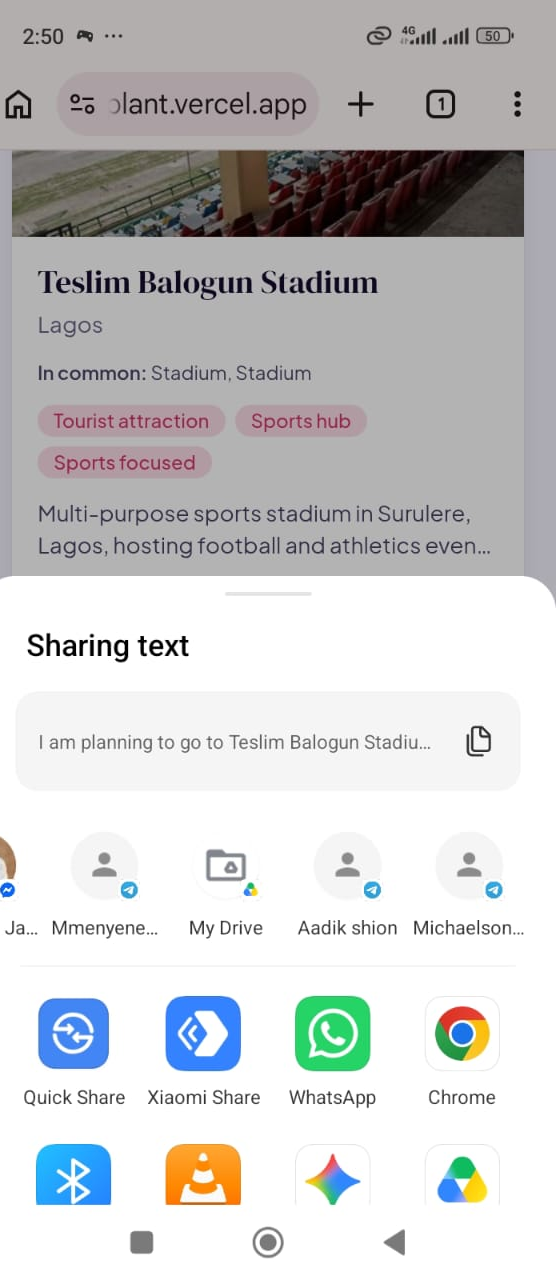 The phone share sheet with a trip message