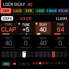 MNM-1 KIT page: six coloured track tabs above a clap voice with type, tune, decay and tone values, a row of step cells and a GRID mode label