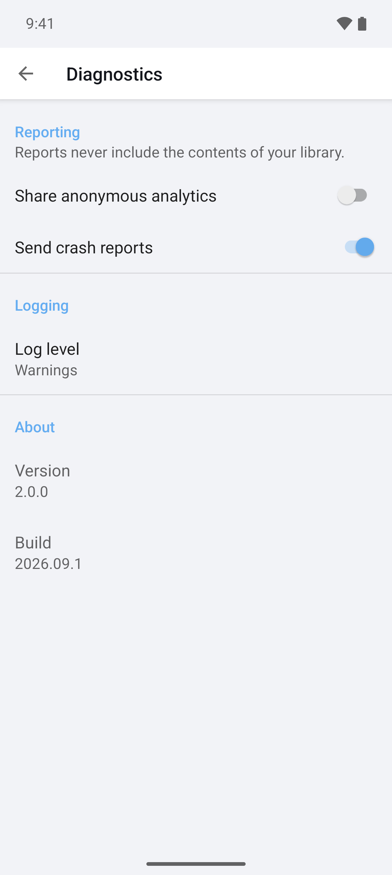 Android Diagnostics screen