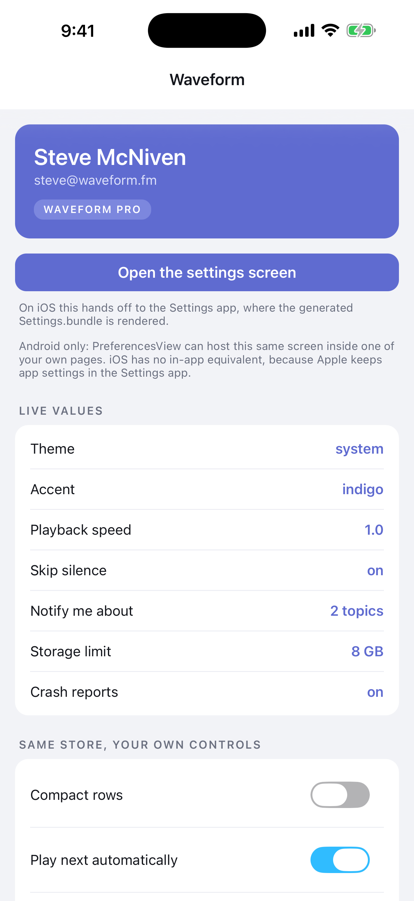 Demo app on iOS