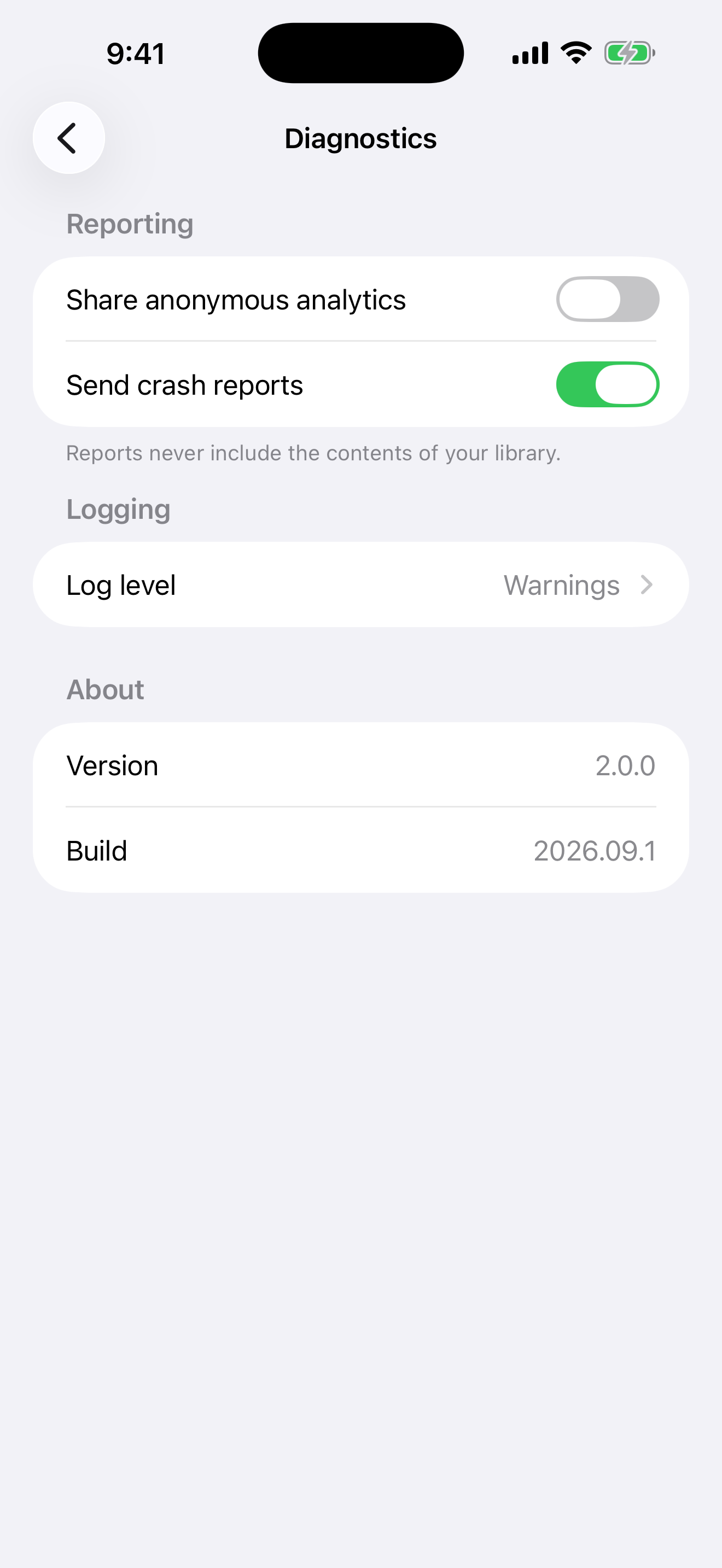iOS Diagnostics screen