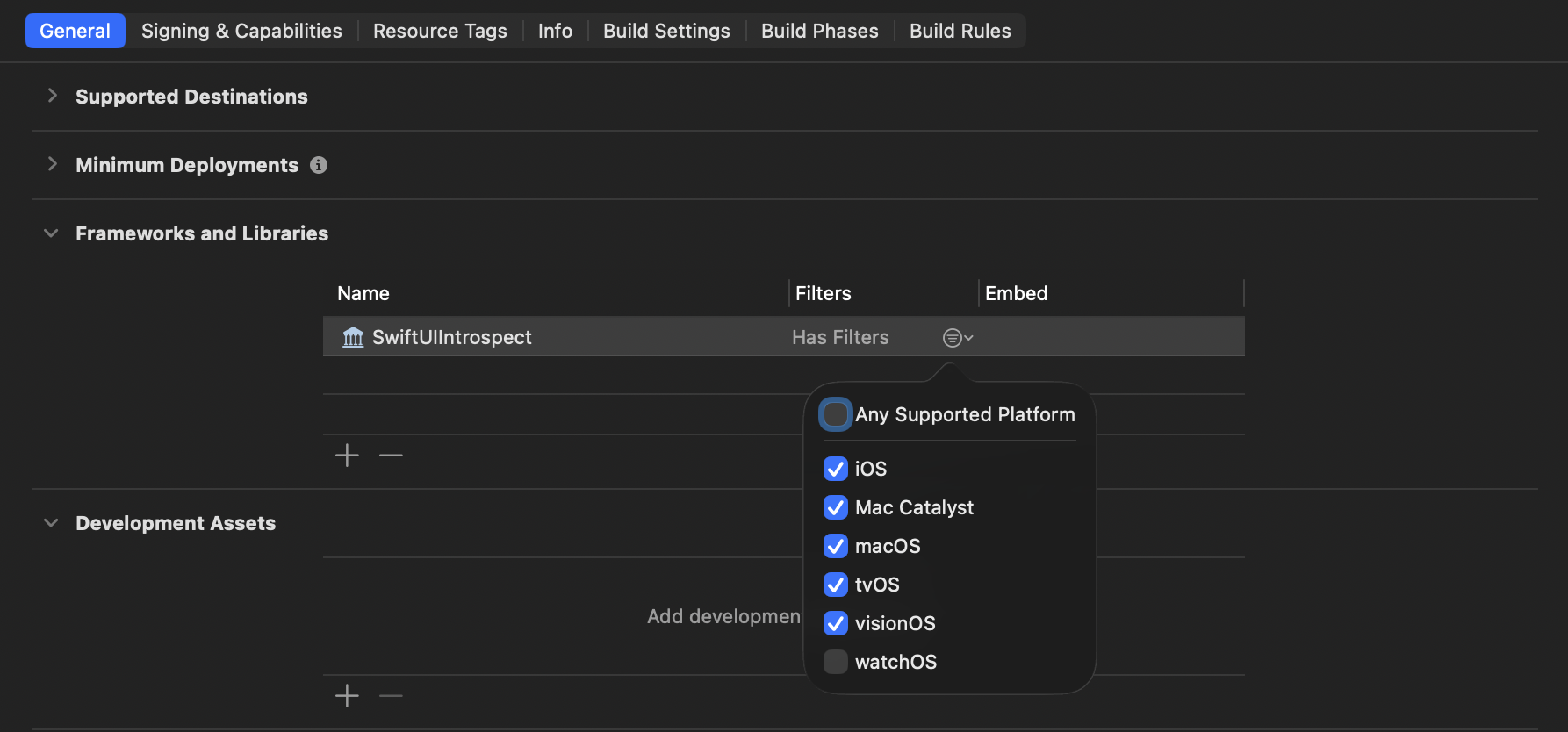 An Xcode package product dependency with platform filters enabled for iOS, Mac Catalyst, macOS, tvOS, and visionOS, and disabled for watchOS.