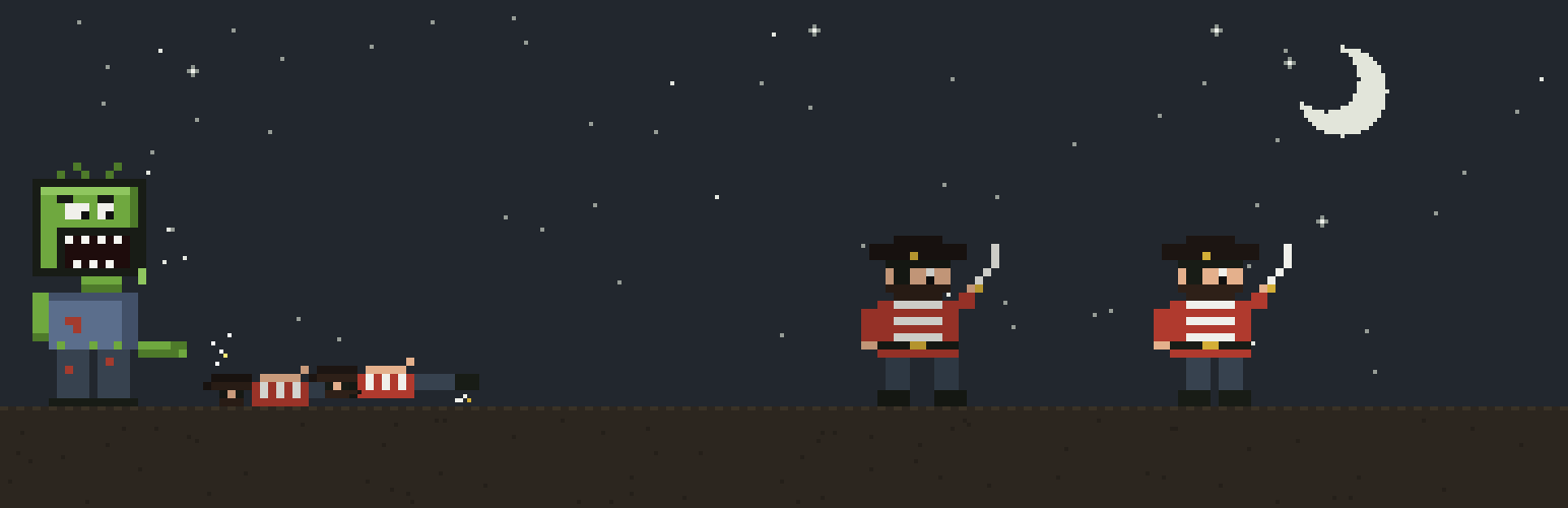 A pixel-art zombie at night, two pirates already down, two more with cutlasses raised