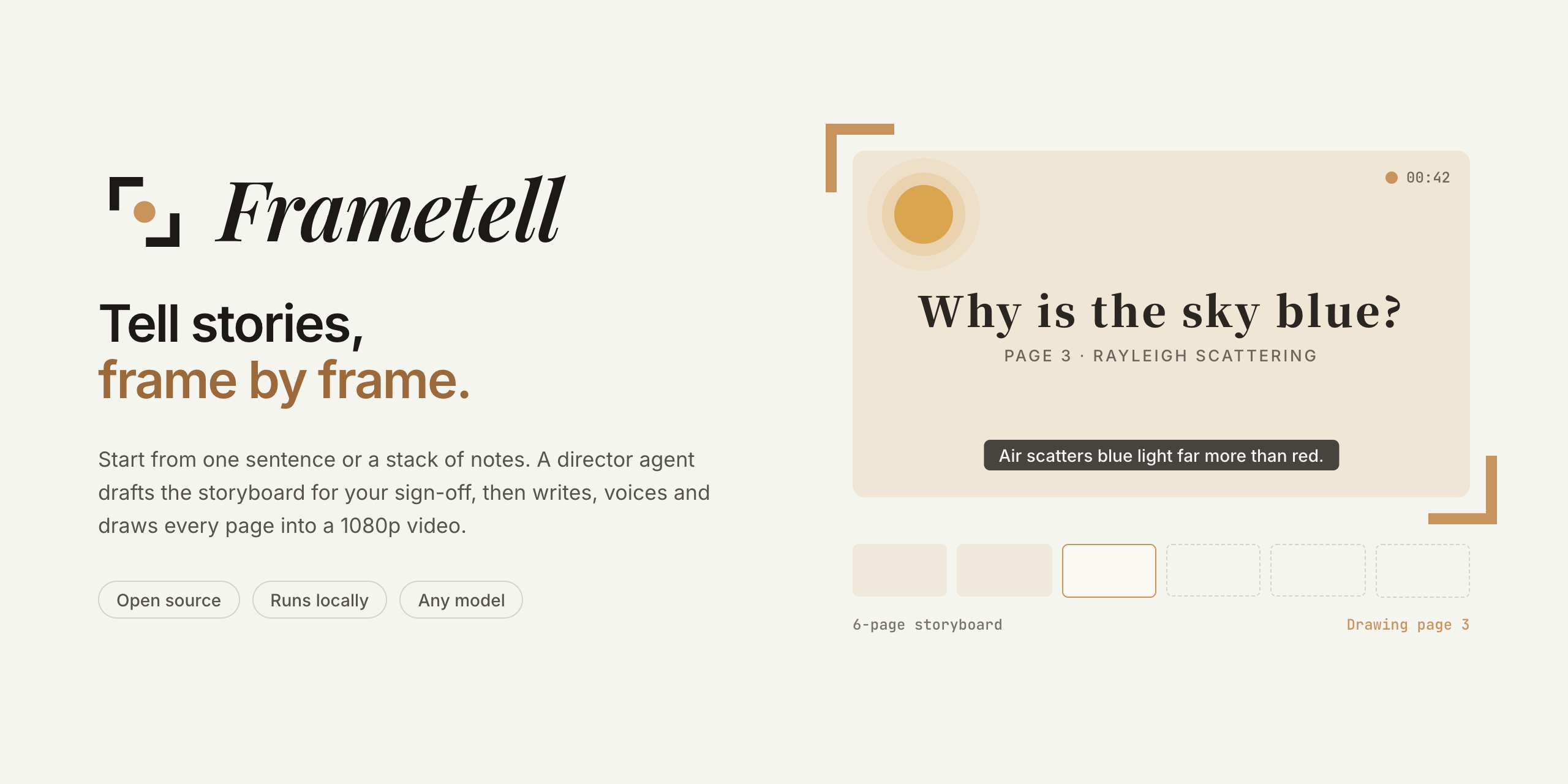 Frametell: tell stories, frame by frame. Turn your ideas and material into vivid explainer videos