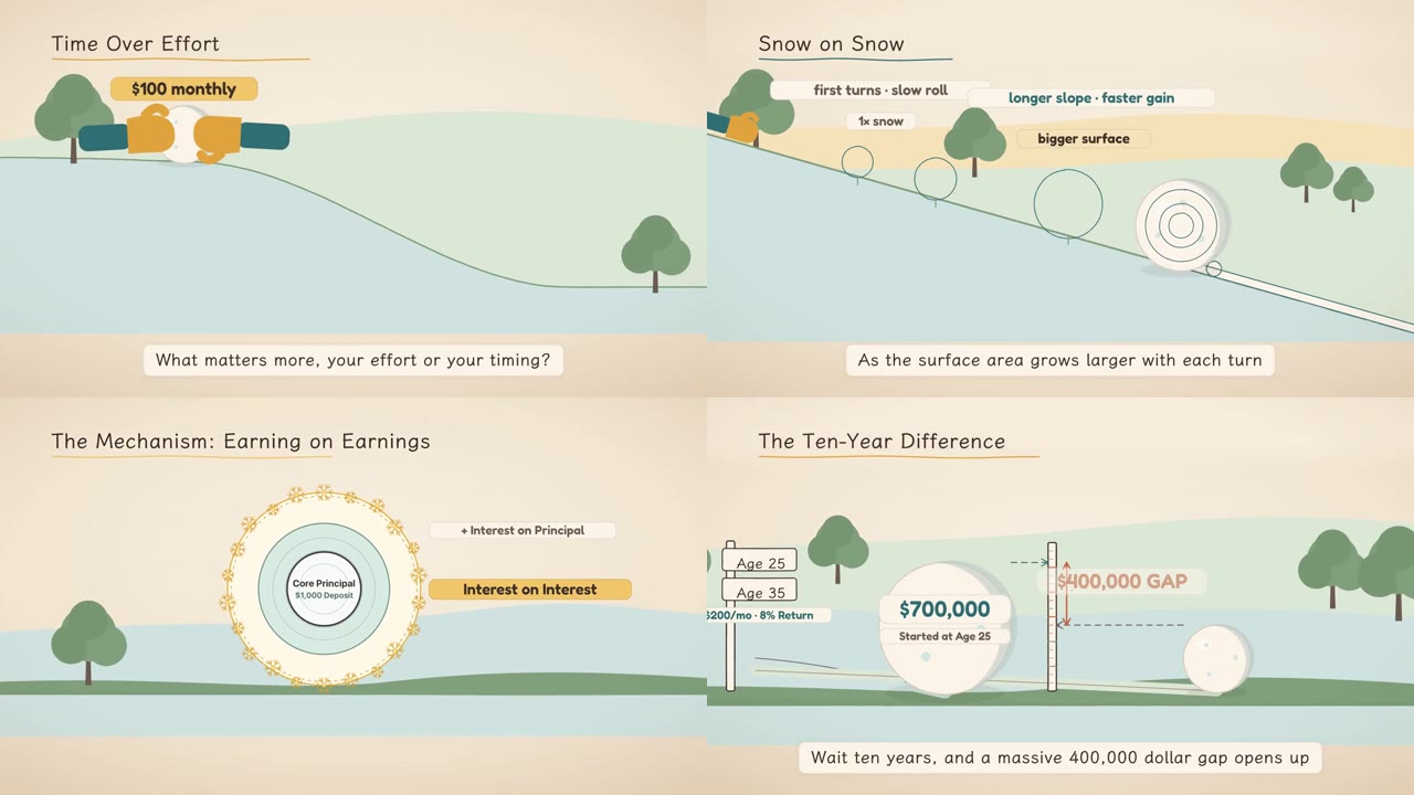 Frames from Why starting early matters, a warm illustrated film about compound interest