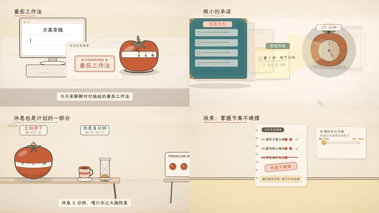 《番茄工作法》的几帧画面，暖调插画风格