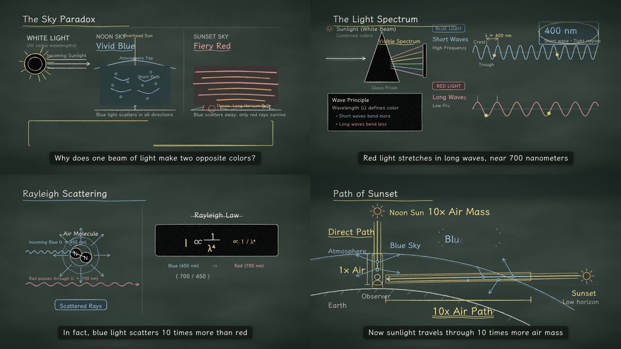 Frames from Why is the sky blue, a chalkboard-style film about Rayleigh scattering