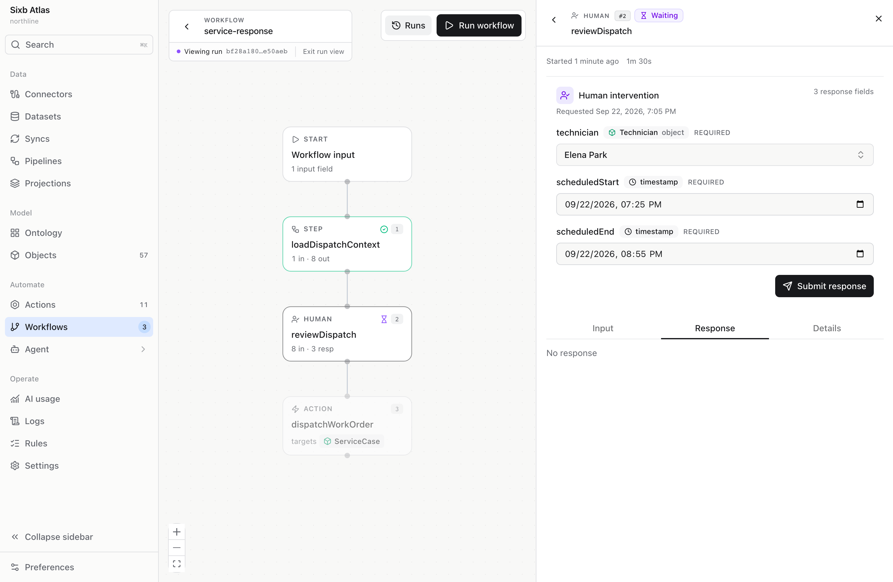 An Atlas service-response workflow run paused at a human review step before dispatching a work order