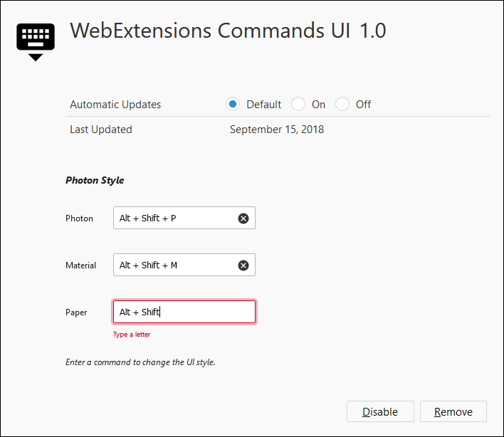 WebExtensions Commands UI