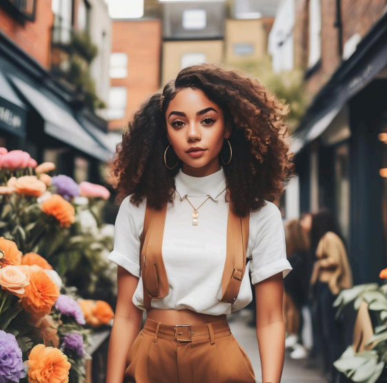 ai generated woman, curly hair brown and white clothes, floral background