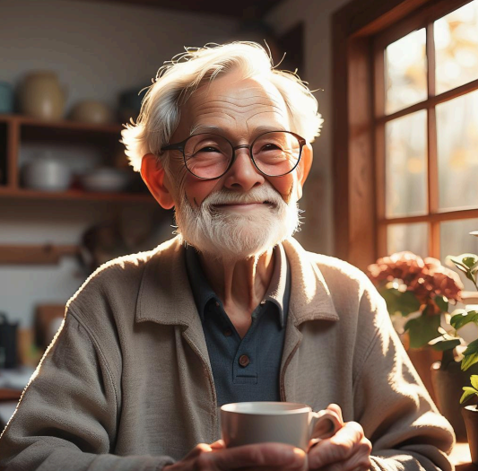 ai generated, elderly man, sitting down at table with coffee in hand