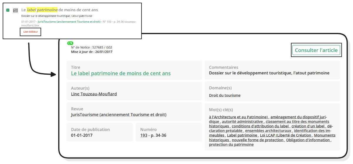 Exemple de notice bibliographique avec accès éditeur au texte intégral visible dès la page de résultats.