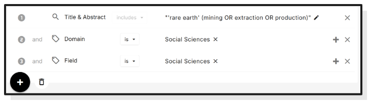 Exemple d'une recherche dans OpenAlex, phase filtre Field