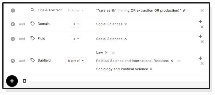 Exemple d'une recherche dans OpenAlex, phase filtre Subfield