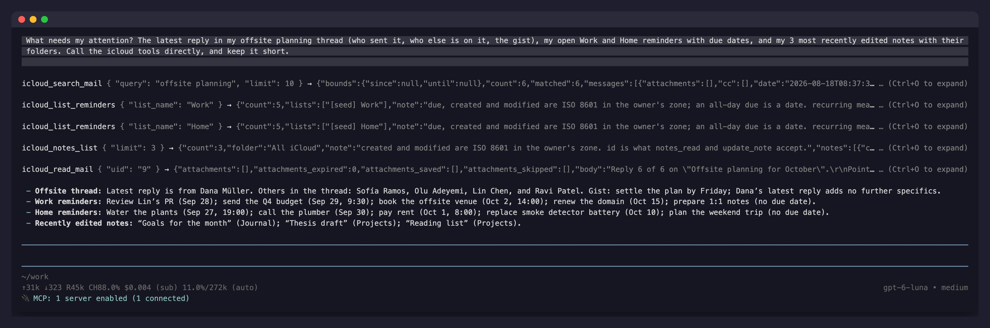 pi answering "what needs my attention?" through the MCP in one prompt: who sent the latest reply in a mail thread and who else is on it, open reminders across two lists with due dates, and the most recently edited notes with their folders