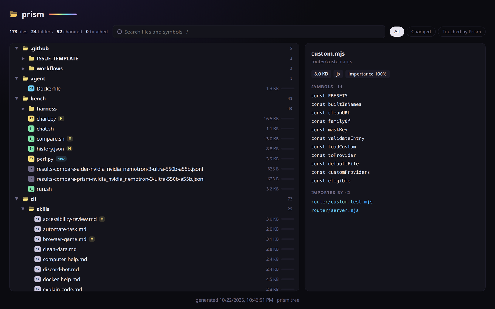 The project tree in the browser: files with change marks on the left, the selected file's functions and importers on the right