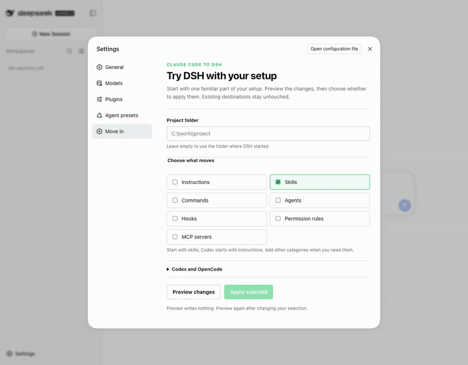 The native DSH settings page previews and applies a Claude Code setup