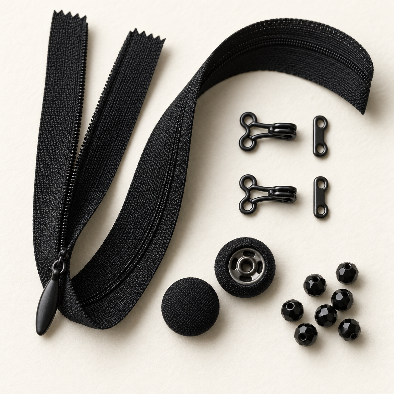 Zip, hooks and bars, snaps, and jet beads