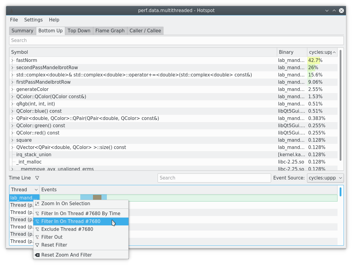 hotspot timeline filtering by thread or process