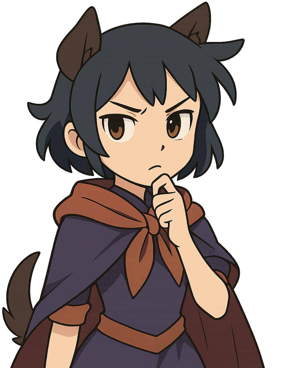 A smiling chibi dark-skinned anthro jackal with brown hair and tall ears looking victorious with a thumbs-up