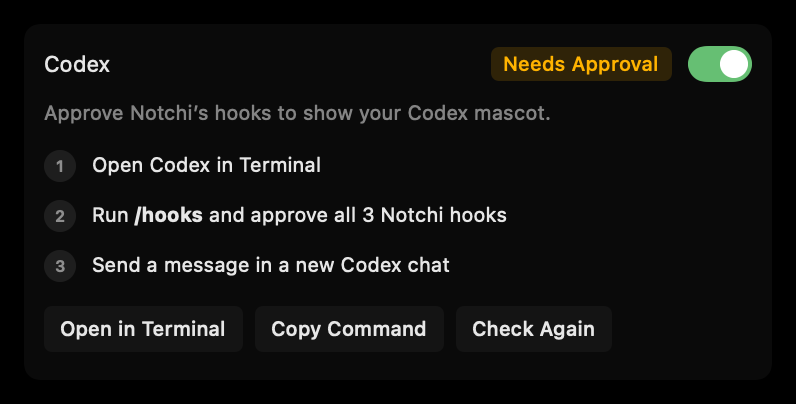 Codex hook approval setup in Notchi