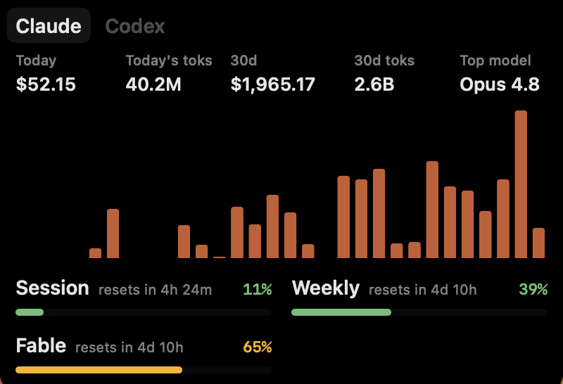 Usage dashboard with cost chart and quota bars