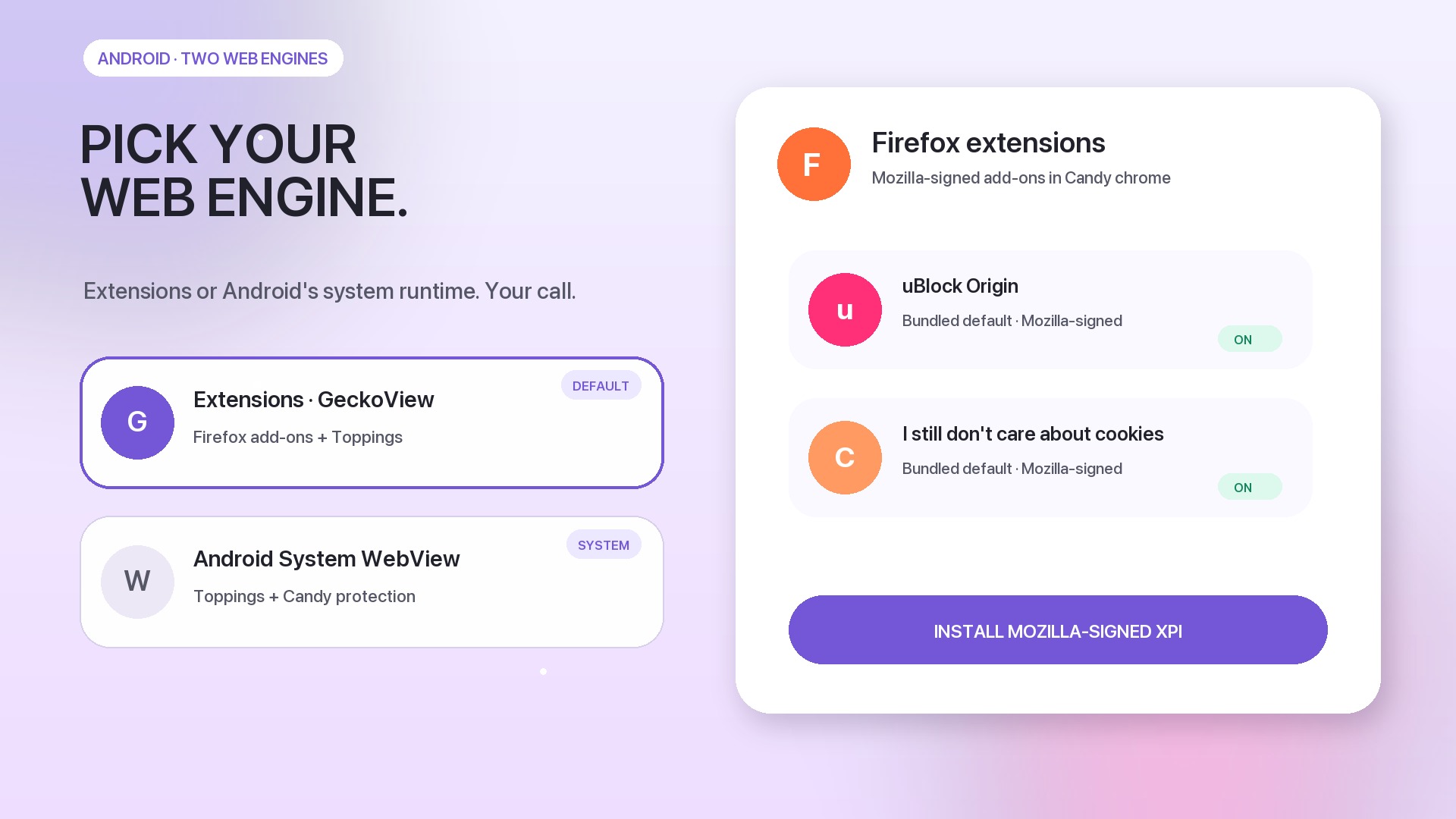 Candy Browser showcase with two Android web engines and Firefox extensions