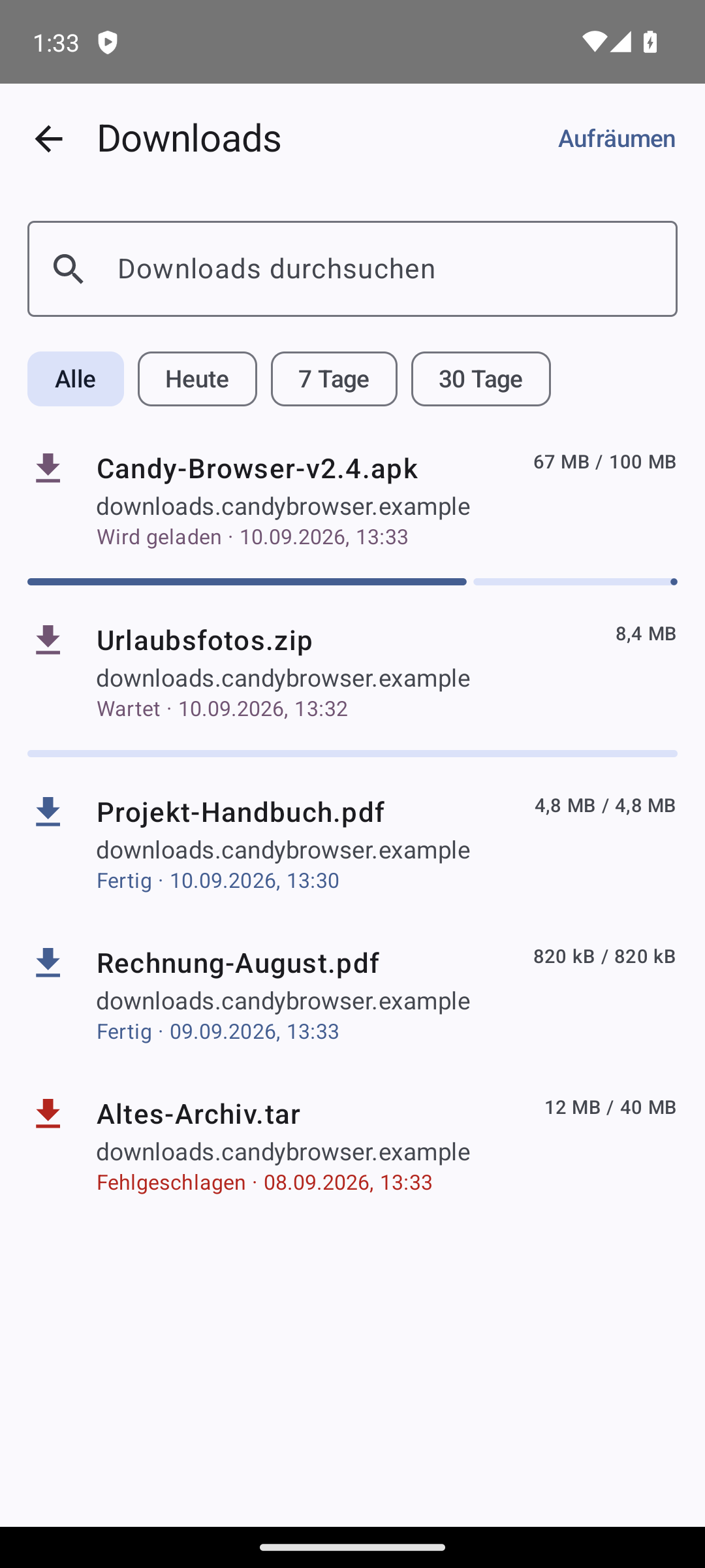Candy Browser downloads with search and time filters