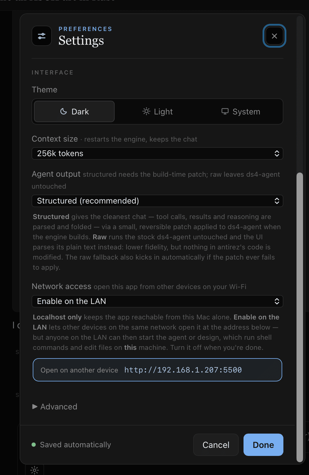Settings: enable on the LAN