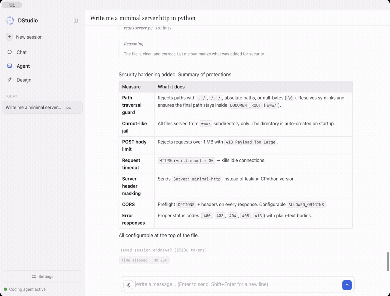 DStudio Agent demo showing the local coding agent editing and validating files