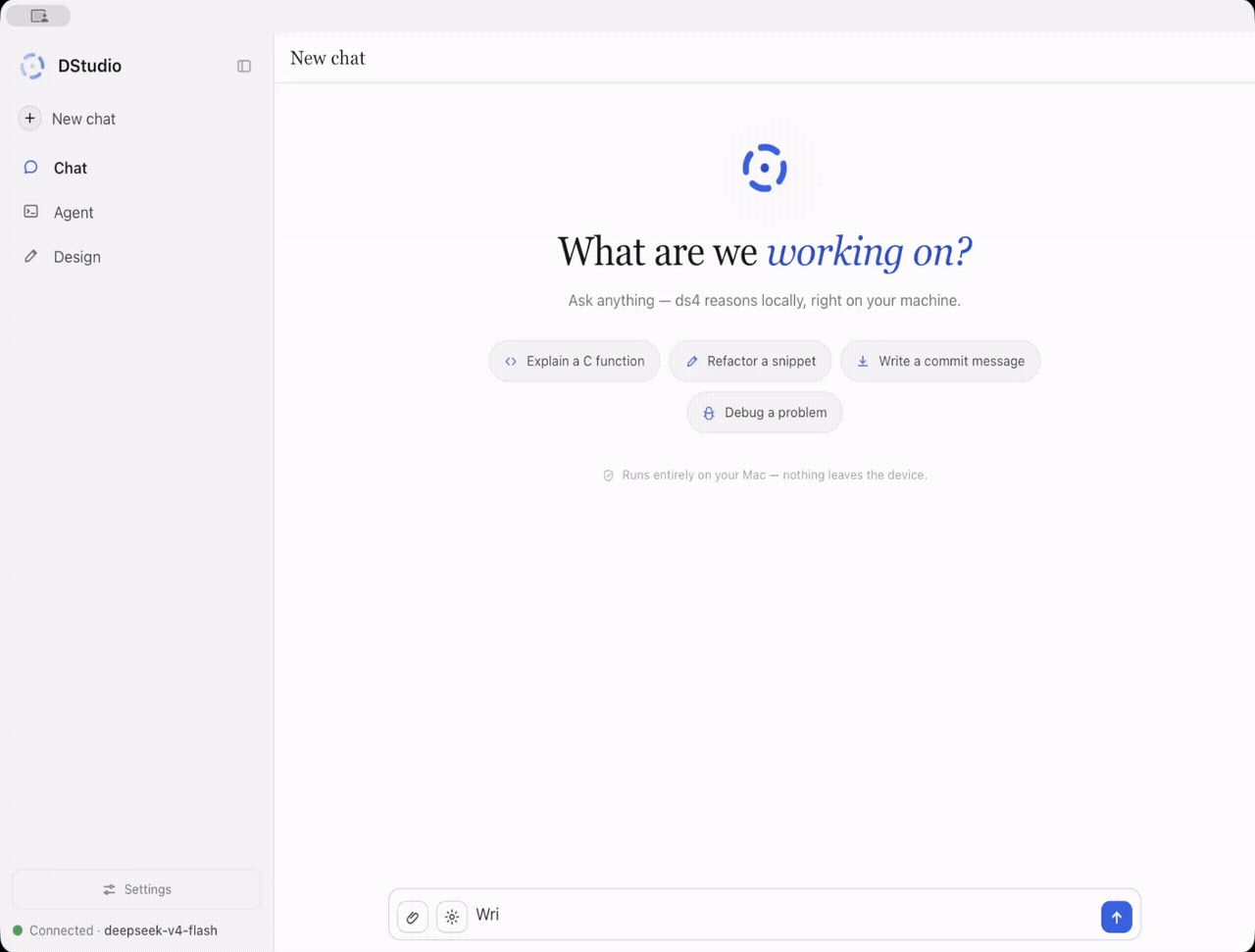 DStudio Chat demo showing local DeepSeek V4 chat, file generation and canvas preview