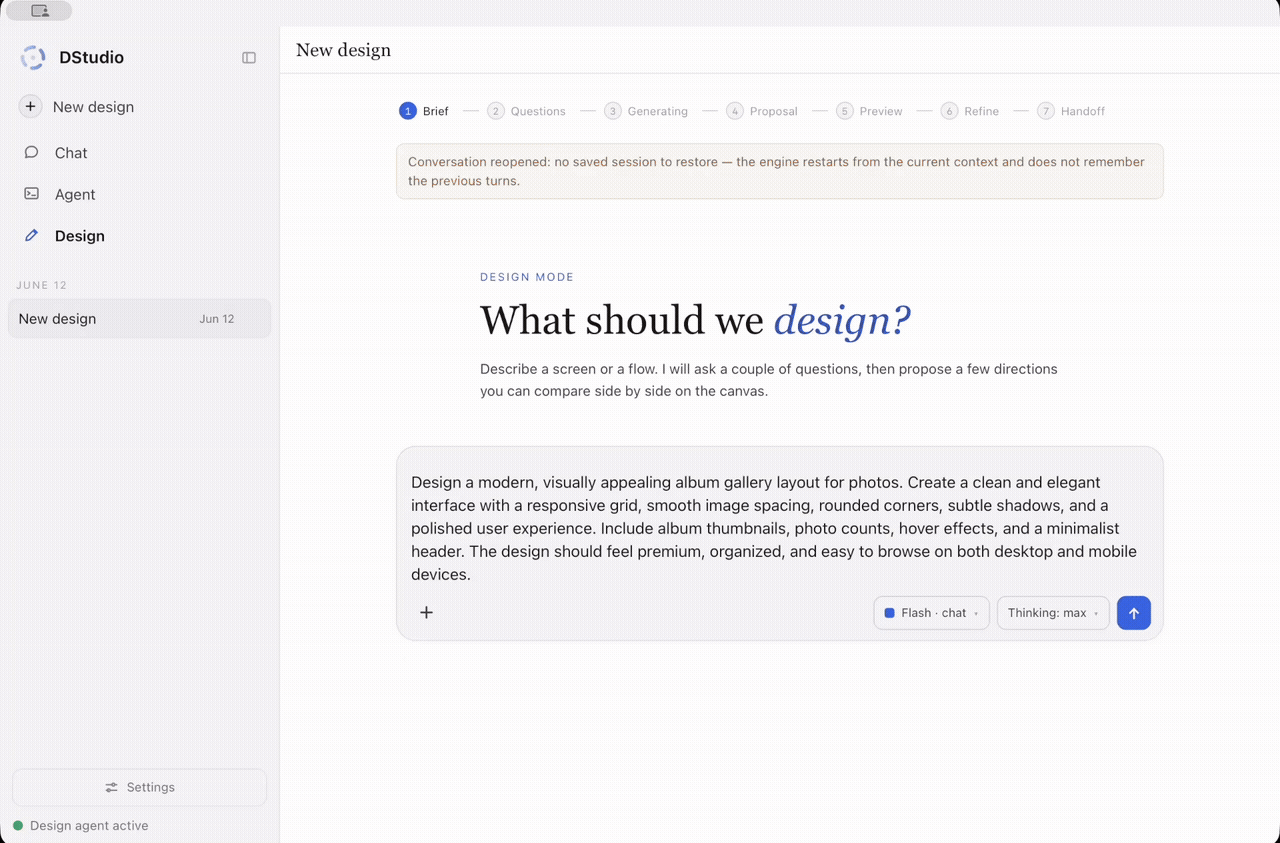 DStudio Design demo showing the brief, questions, generation progress, proposals and canvas pipeline