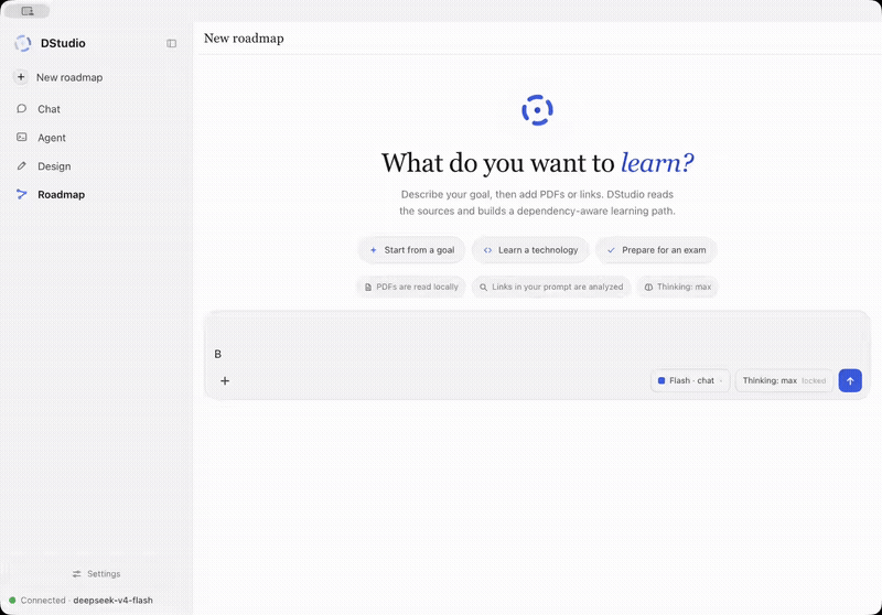 DStudio Learning Roadmap demo showing roadmap generation, editable learning blocks and focused tutor rooms