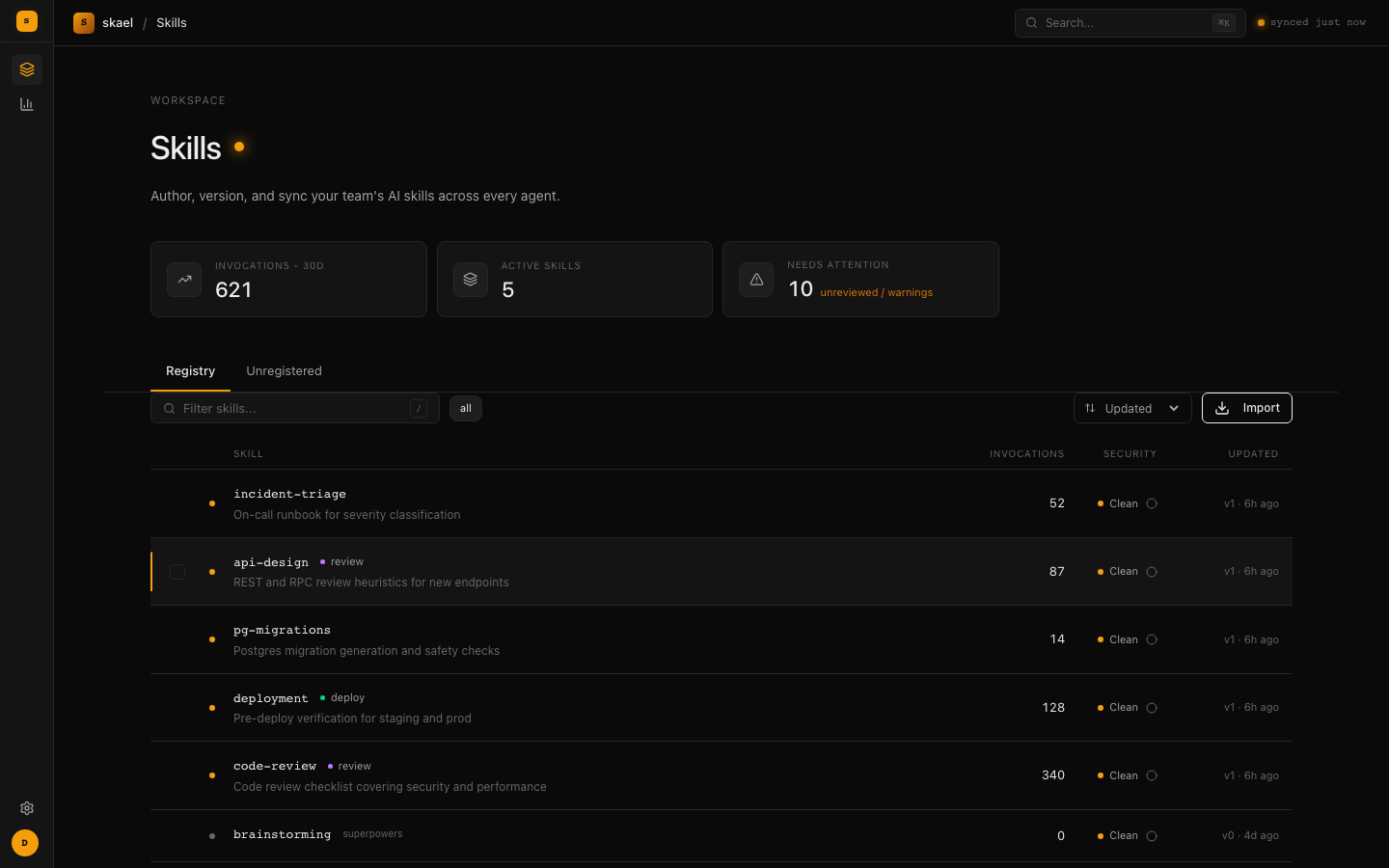 The skael dashboard — skills registry with versions, security status, and activation counts